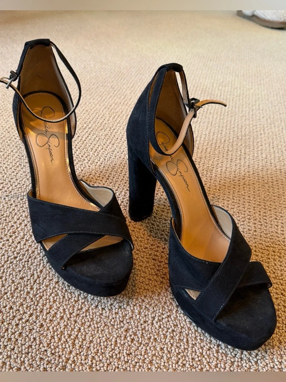 Jessica Simpson Black Suede Platform Ankle-Strap Heels